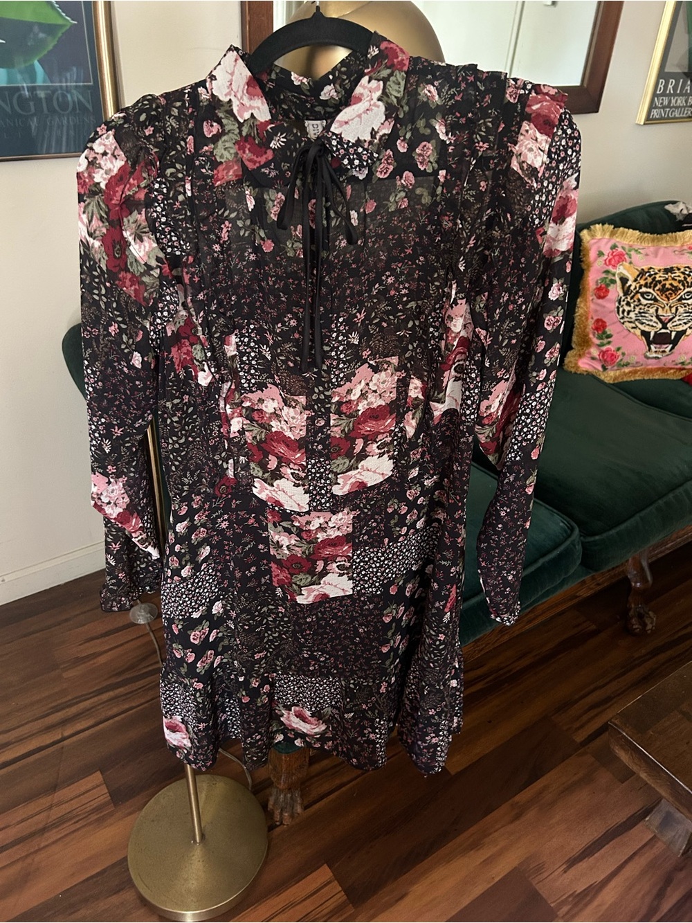 Divided Floral Tie-Neck Long Sleeve Dress in Black and Pink